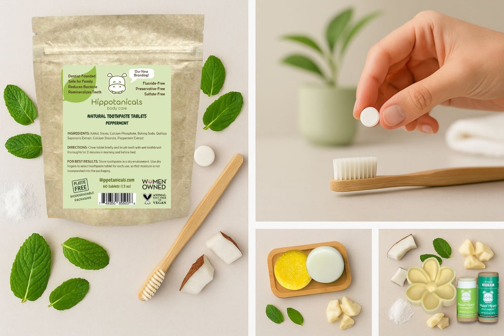 Hippotanicals toothpaste tablets with toothbrush, mint, and coconut on a neutral background, highlighting natural, minimal-ingredient oral care